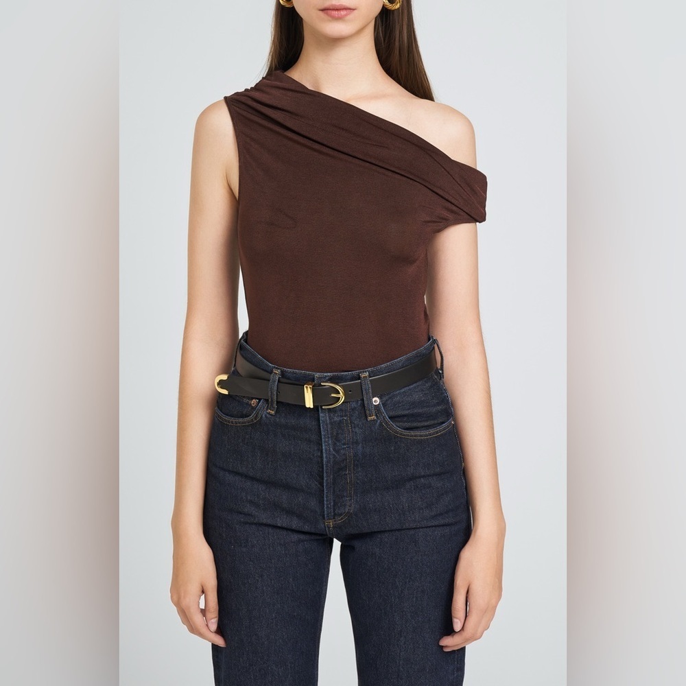 WAYF Espresso Brown One-Shoulder Asymmetrical Bodysuit Stretchy Chic Top- NWT